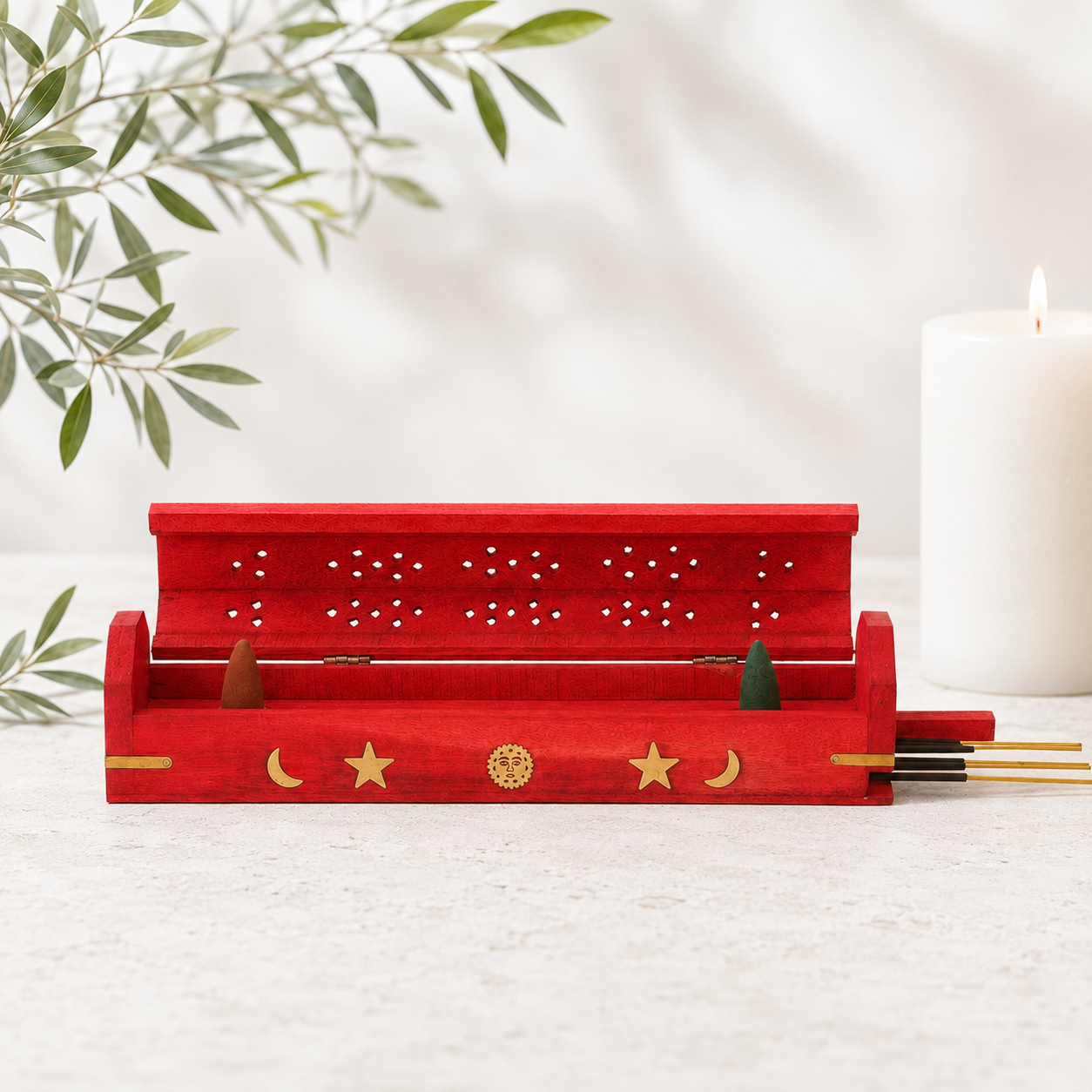 30.5cm Red Sun & Moon Wooden Incense Stick & Cone Burner