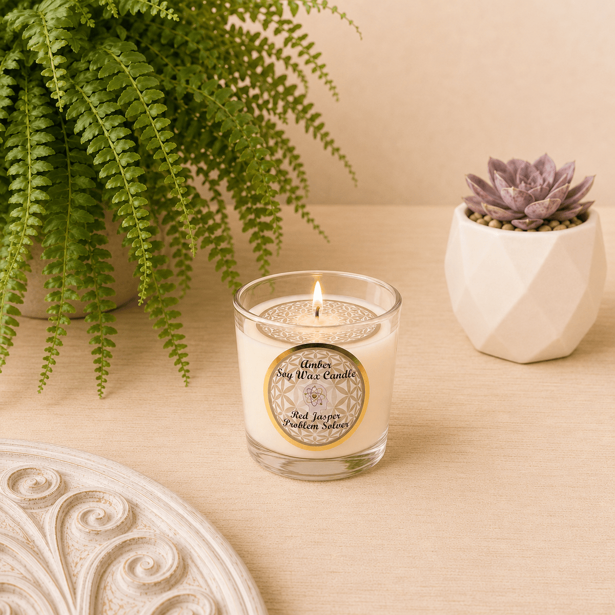 Problem Solver - Red Jasper with Amber Soy Wax Tealight Candle