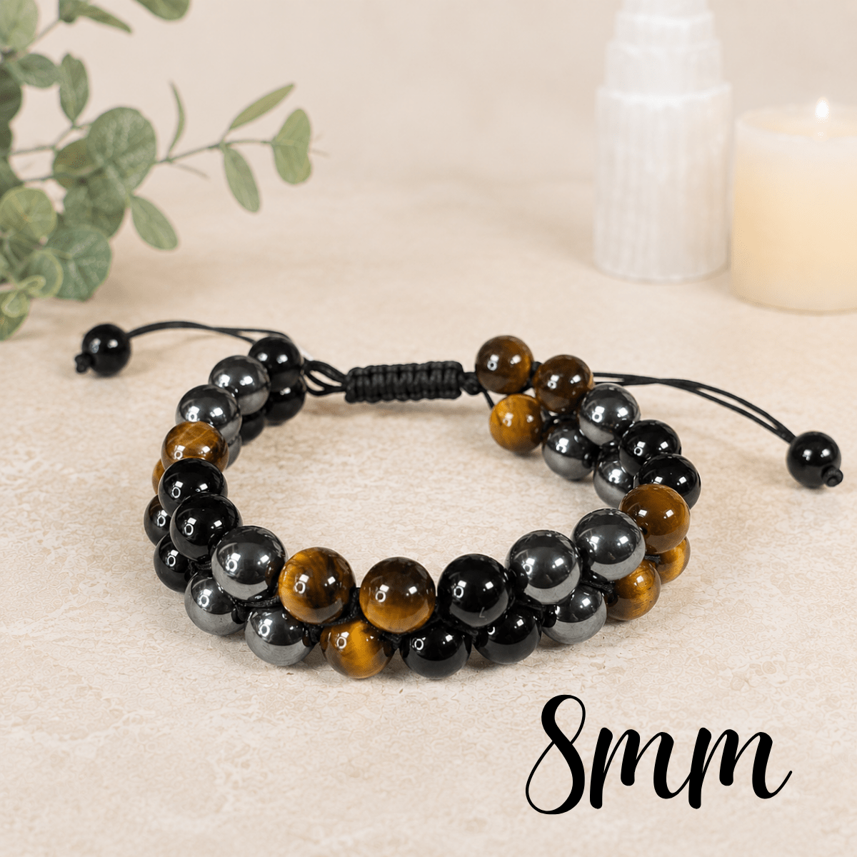 8mm Hematite, Obsidian & Tiger Eye Adjustable Gemstone Bracelet