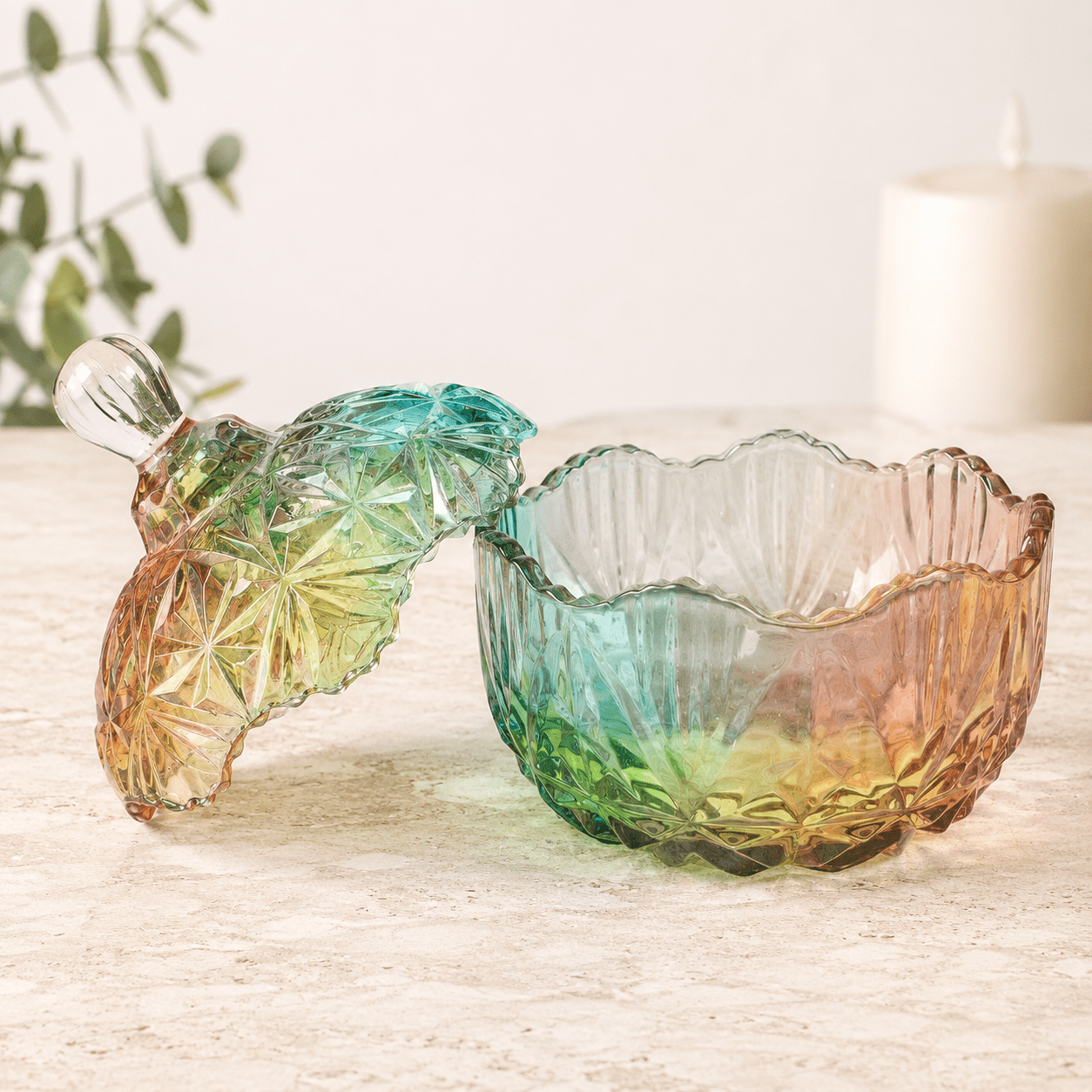 Rainbow Coloured Glass Dish with Lid