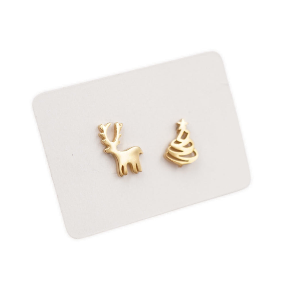 Gold Plated Stainless Steel Stud Earrings - Reindeer & Christmas Tree
