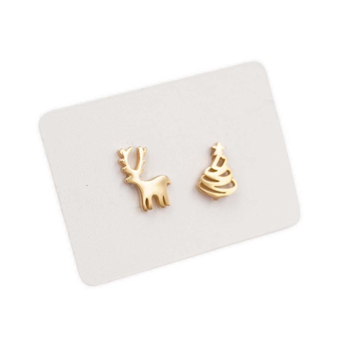 Gold Plated Stainless Steel Stud Earrings - Reindeer & Christmas Tree
